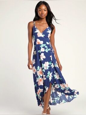 Lulus Navy Floral Wrap Maxi Dress with Spaghetti Straps Large